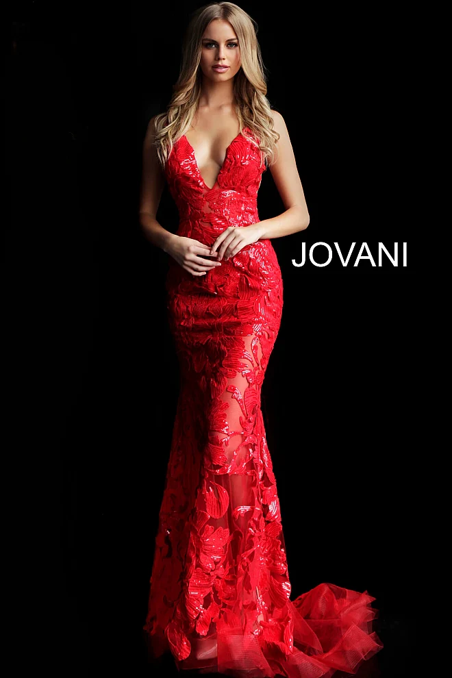 Jovani 60283 size 10 Red Prom Dress sequin floral Lace sheer formal evening gown plunging neckline mermaid - Image 6