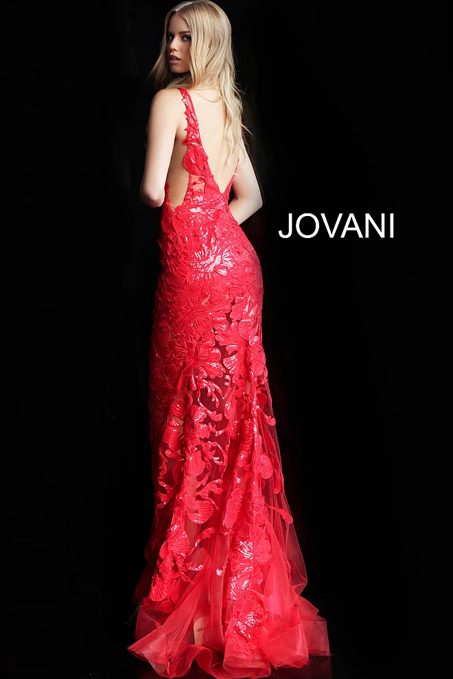 Jovani 60283 size 10 Red Prom Dress sequin floral Lace sheer formal evening gown plunging neckline mermaid - Image 7