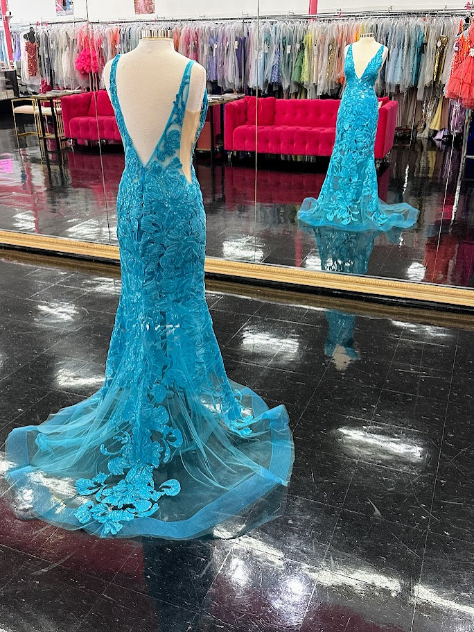 Jovani 60283 Size 10 Turquoise Sheer Sequin Formal Prom Dress Sequin Gown - Image 2
