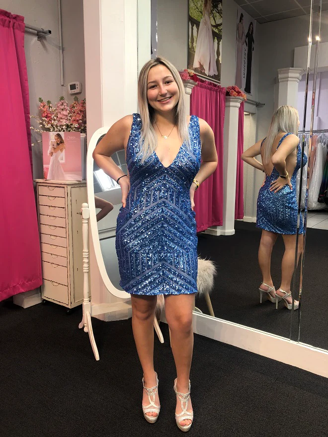 Jovani 63899 size 12 Royal Cocktail Dress Short Sequin Fitted Plunging Neckline Sheer Panels - Image 6