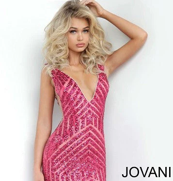 Jovani 63899 Size 10 Neon Hot Pink Short Sequin Cocktail Dress Fitted Homecoming Dress V Neck Sheer - Image 26