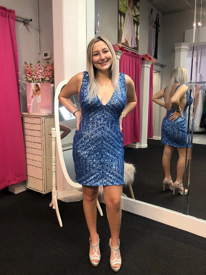 Jovani 63899 Size 6 Purple Cocktail Dress Short Fitted Plunging Neckline Sheer Panels - Image 4