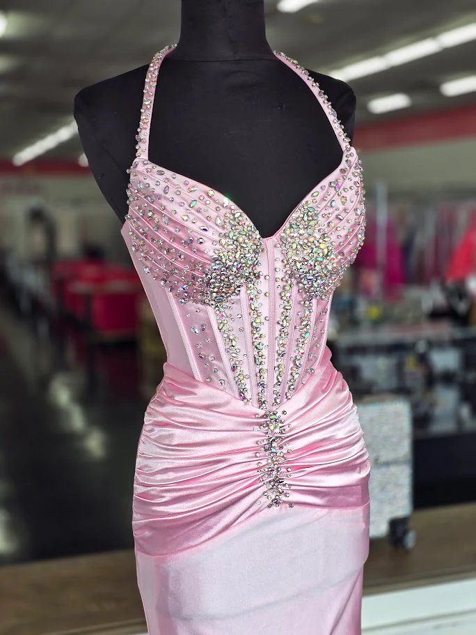 Jovani D5091 Size 00 Pink Crystal Corset Halter Prom Dress - Image 2