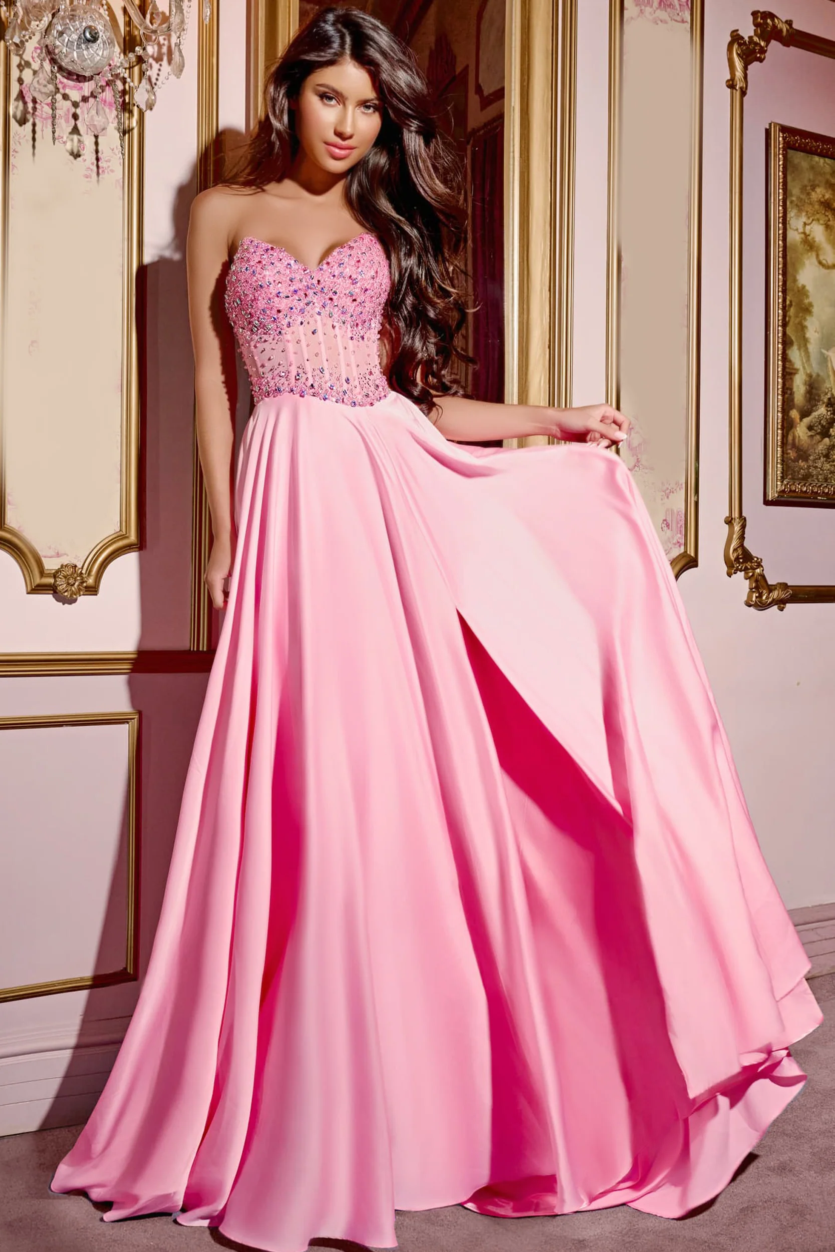 Jovani D6021 Size 00 Pink Crystal Corset Satin A Line Prom Dress V Neck Slit Formal Gown Chiffon