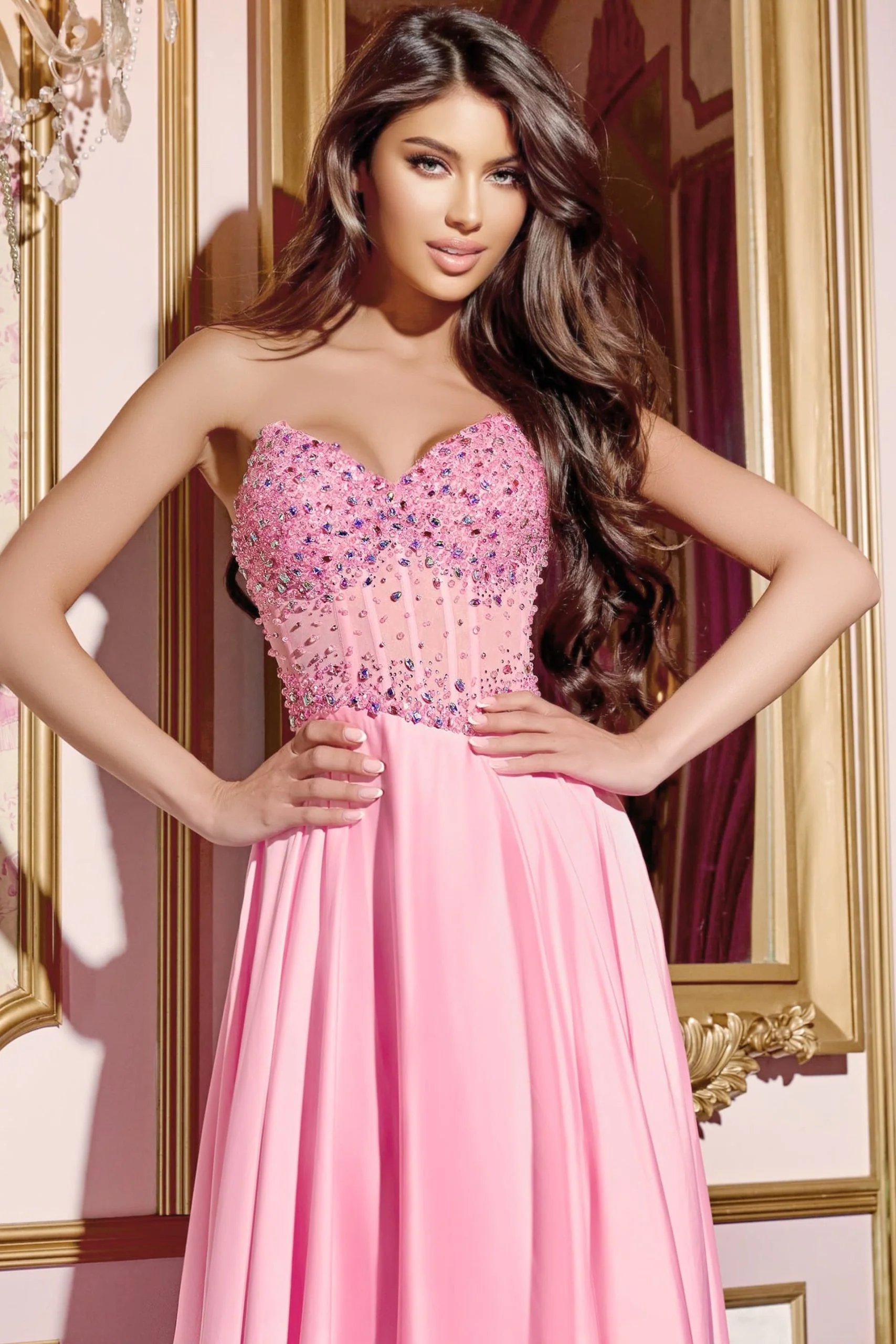 Jovani D6021 Size 00 Pink Crystal Corset Satin A Line Prom Dress V Neck Slit Formal Gown Chiffon - Image 2