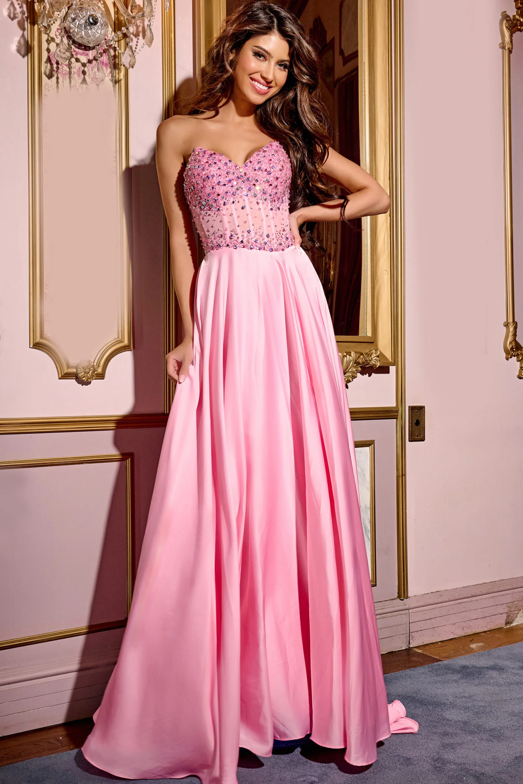 Jovani D6021 Size 00 Pink Crystal Corset Satin A Line Prom Dress V Neck Slit Formal Gown Chiffon - Image 3