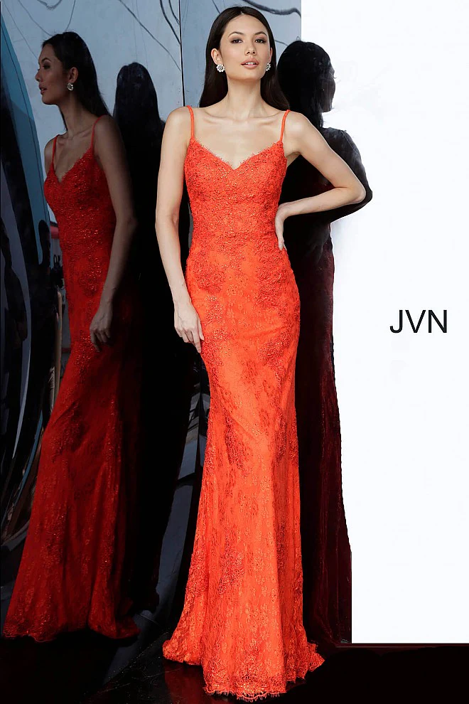 Jovani JVN02013 Size 14 Orange Long Lace Prom Dress Formal