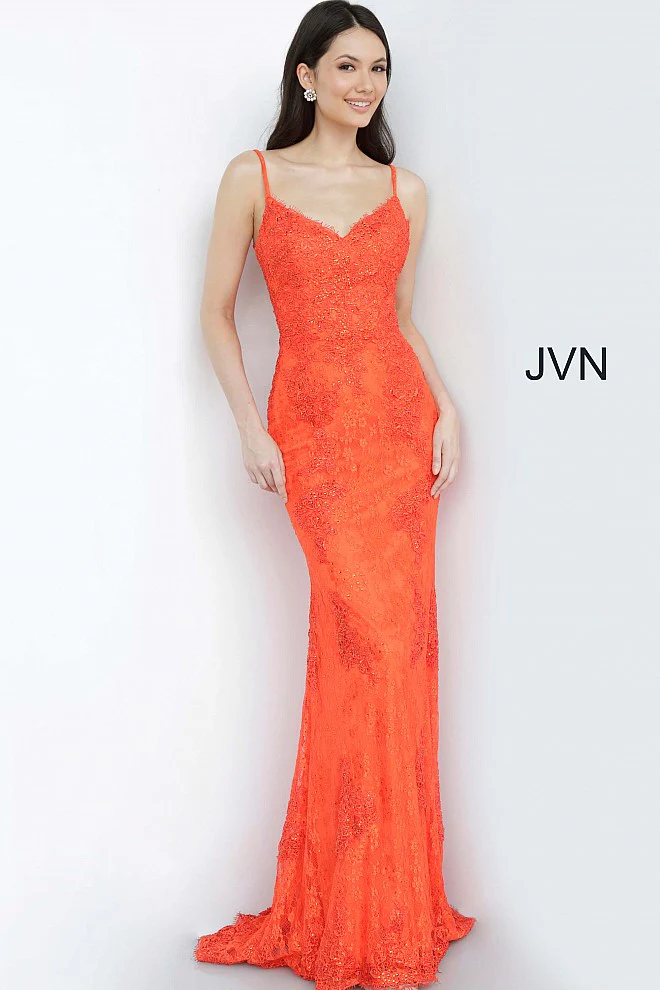 Jovani JVN02013 Size 14 Orange Long Lace Prom Dress Formal - Image 3