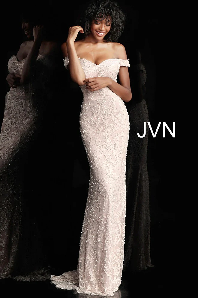Jovani JVN66695 Size 10 Blush Lace Pearls Formal Dress Wedding