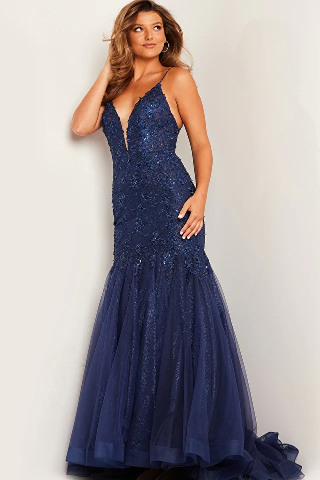Jovani JVN07398 Size 6 Navy Lace Mermaid Prom Dress Formal Pageant Gown - Image 6