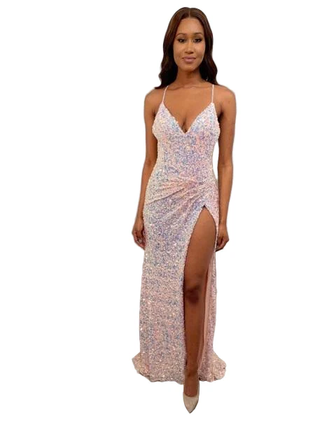 Jovani JVN07590 Size 8 Pink High Slit Sequin Prom Dress Ruched Pageant Gown V neck - Image 3