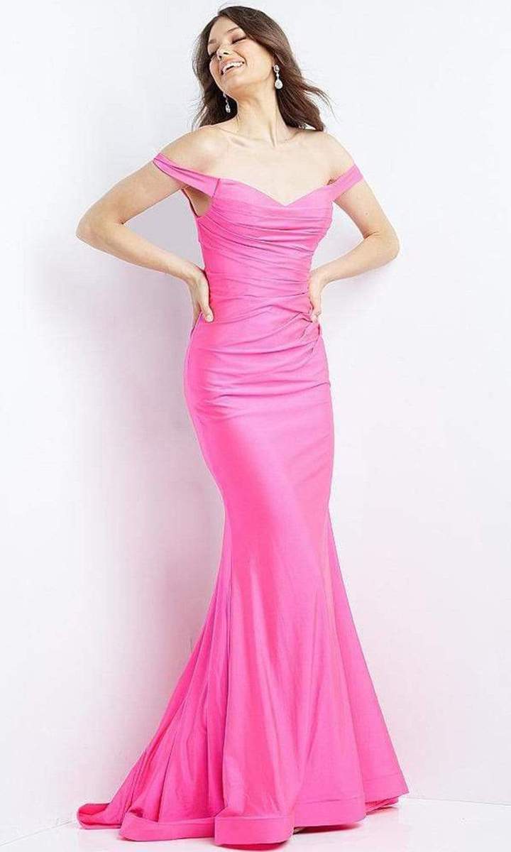 Jovani JVN07639 Size 14 Fuchsia Long Fitted off the shoulder Prom Dress Evening Gown Ruched Formal Gown - Image 4