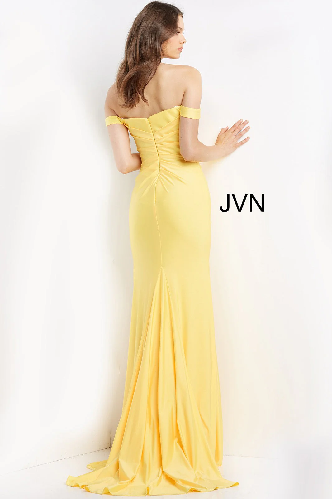 Jovani JVN07639 Size 14 Fuchsia Long Fitted off the shoulder Prom Dress Evening Gown Ruched Formal Gown - Image 9