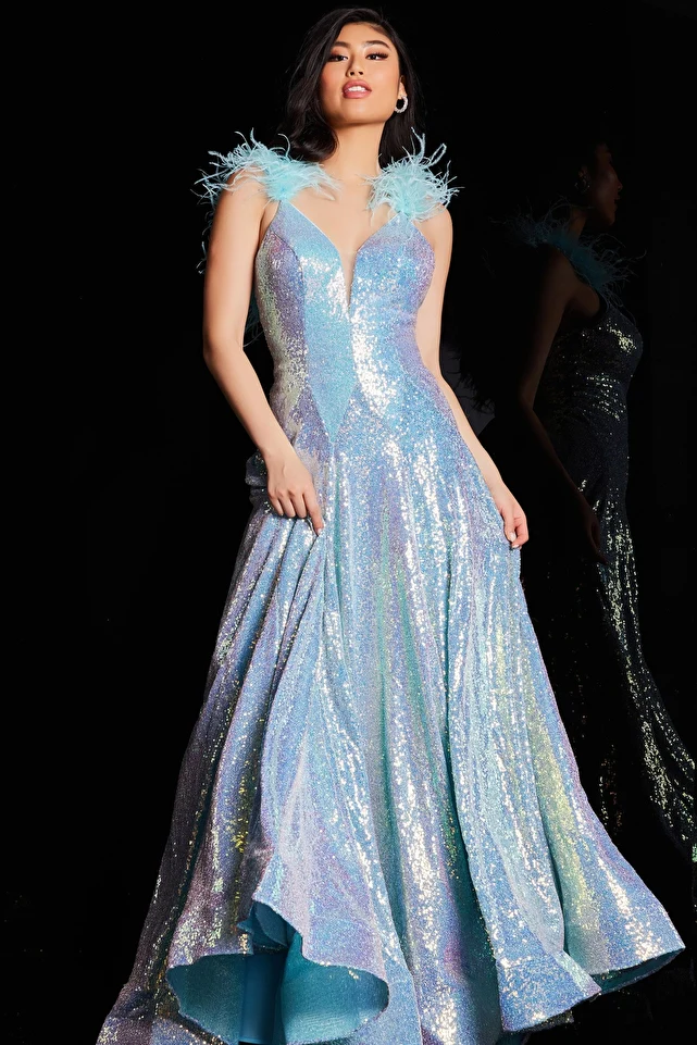 Jovani JVN24164 Size 8 Blue Prom Dress Feather Sequin