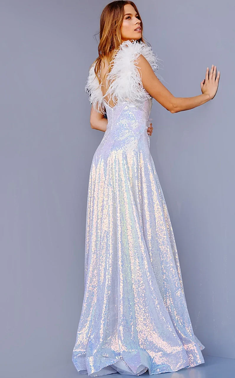 Jovani JVN24164 Size 8 Blue Prom Dress Feather Sequin - Image 4
