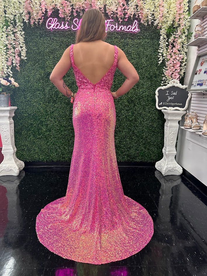 Jovani JVN36580 Size 10 Hot Pink Sheer Lace V Neck Prom Dress Sequin Slit Formal Evening Gown - Image 6