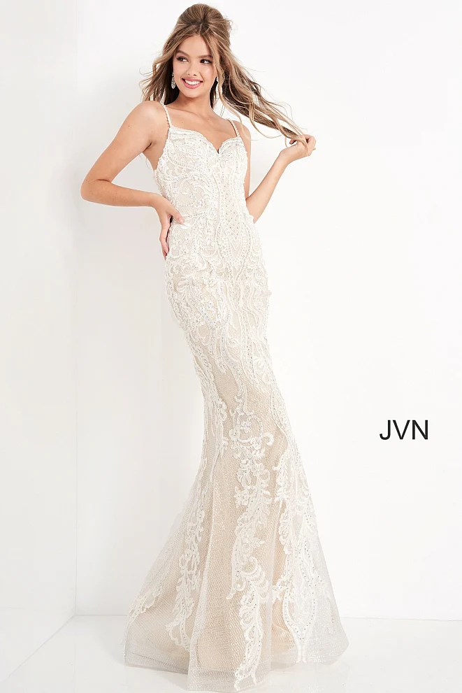 Jovani JVN65529 Size 10 IVORY NUDE Lace Wedding Dress Bridal - Image 4