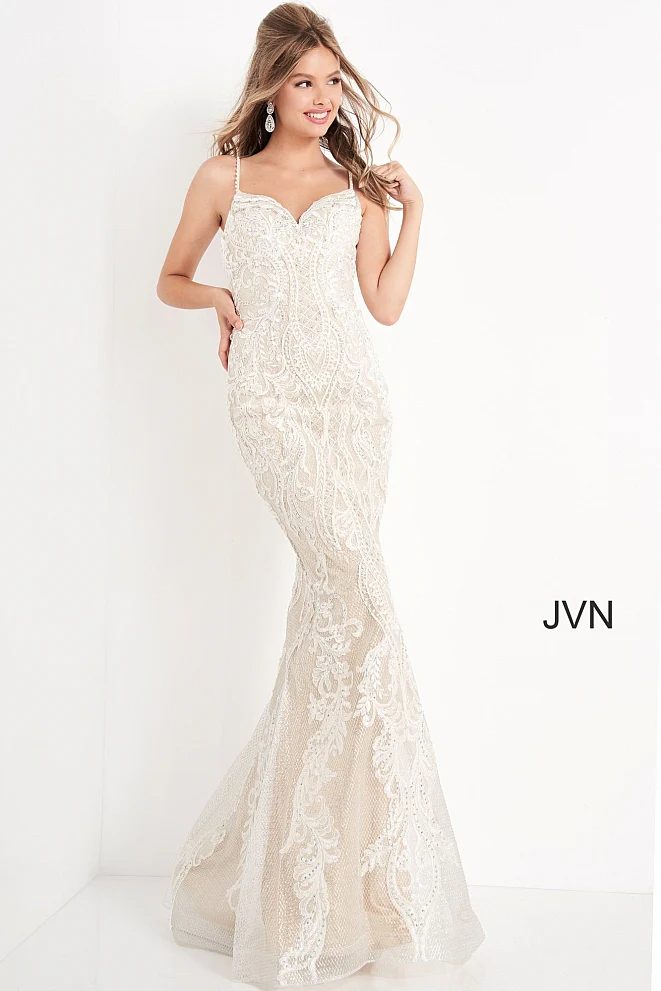 Jovani JVN65529 Size 10 IVORY NUDE Lace Wedding Dress Bridal - Image 6