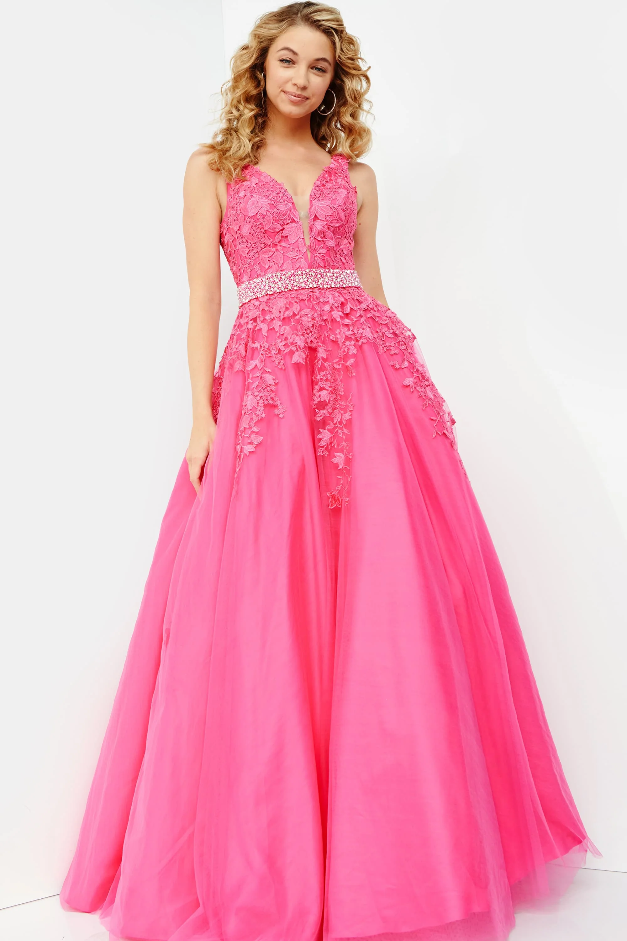 Jovani JVN68258 Size 0 Hot Pink Lace Prom Ballgown Dress
