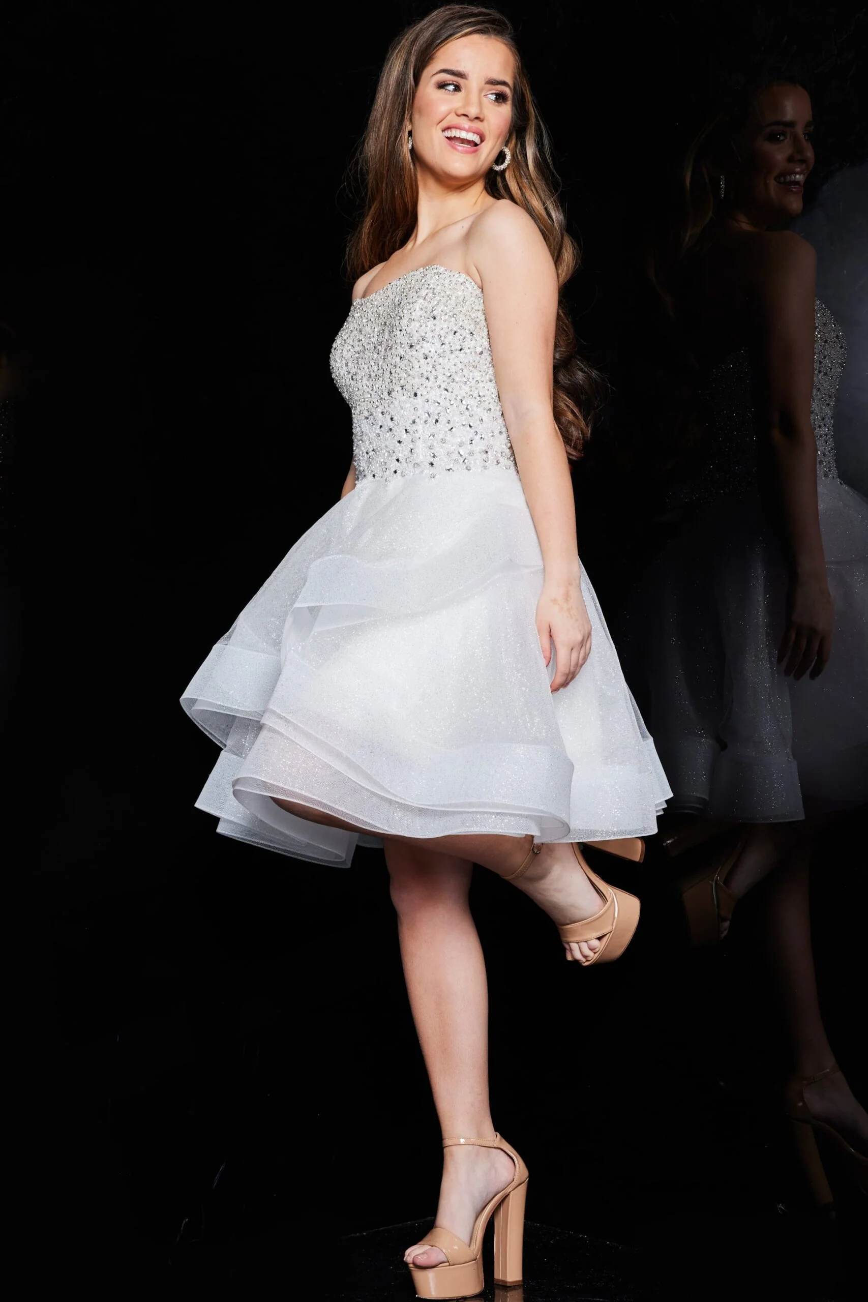 Jovani K24050 Size 14 Ivory Kids Short Dress Fit and Flare Tiered Crystals - Image 2