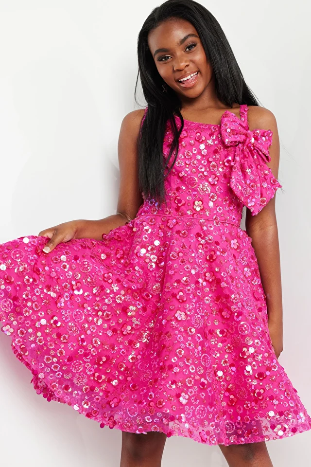 Jovani Kids K23682 Fuchsia Fit And Flare Sequin Bow Girls Short Dress - Image 4