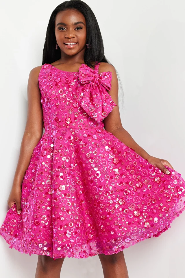 Jovani Kids K23682 Fuchsia Fit And Flare Sequin Bow Girls Short Dress - Image 5