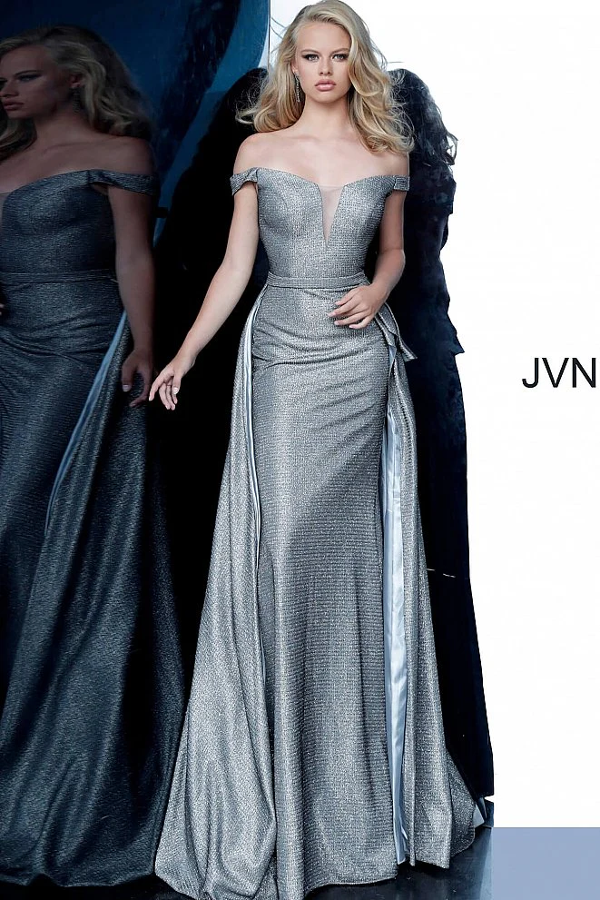 Jovani JVN2560 Size 8 Grey Long Formal Gown Overskirt - Image 4