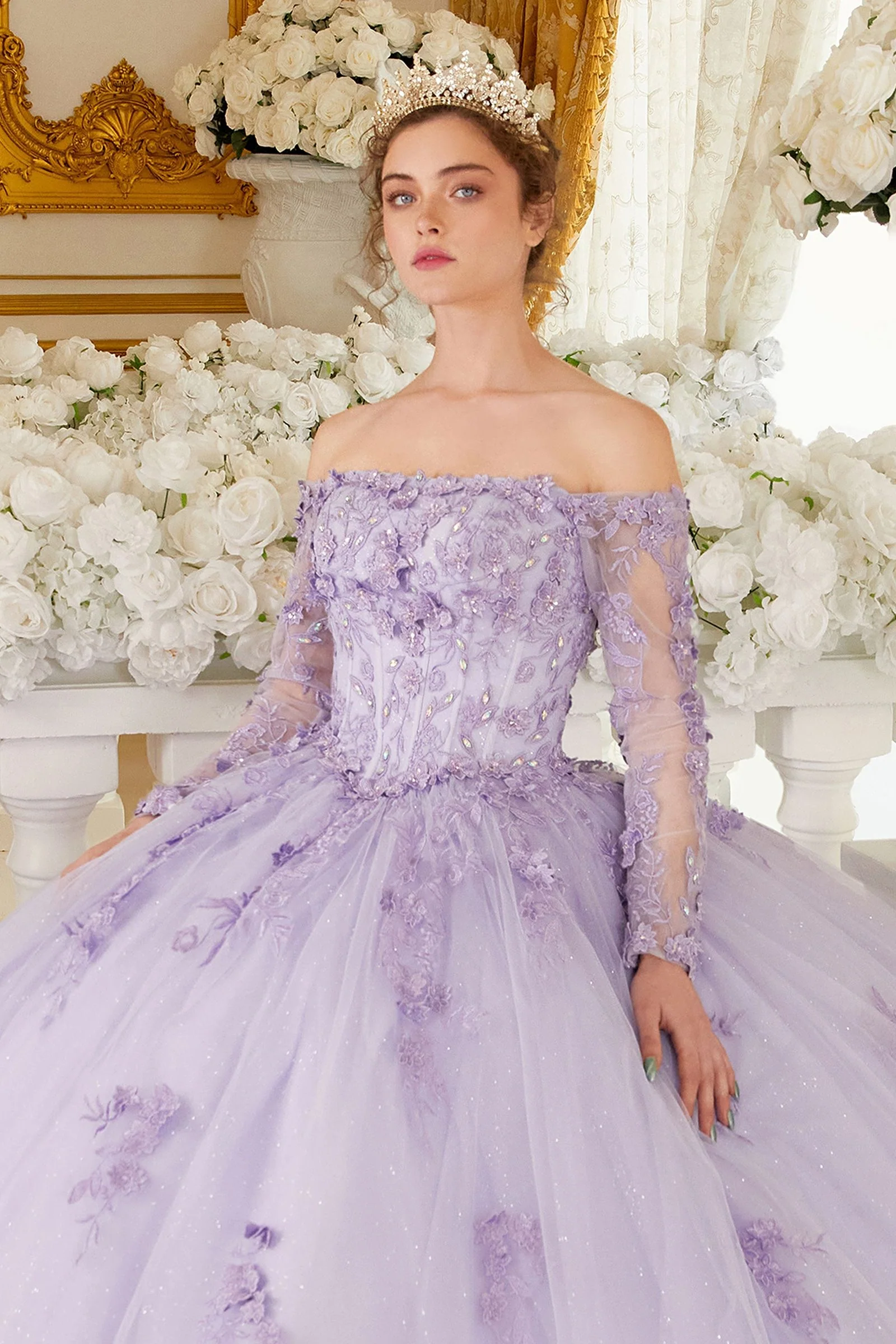 Ladivine 15706 Long Sleeve Lace Corset quinceanera Dress Train Ballgown off the Shoulder - Image 3