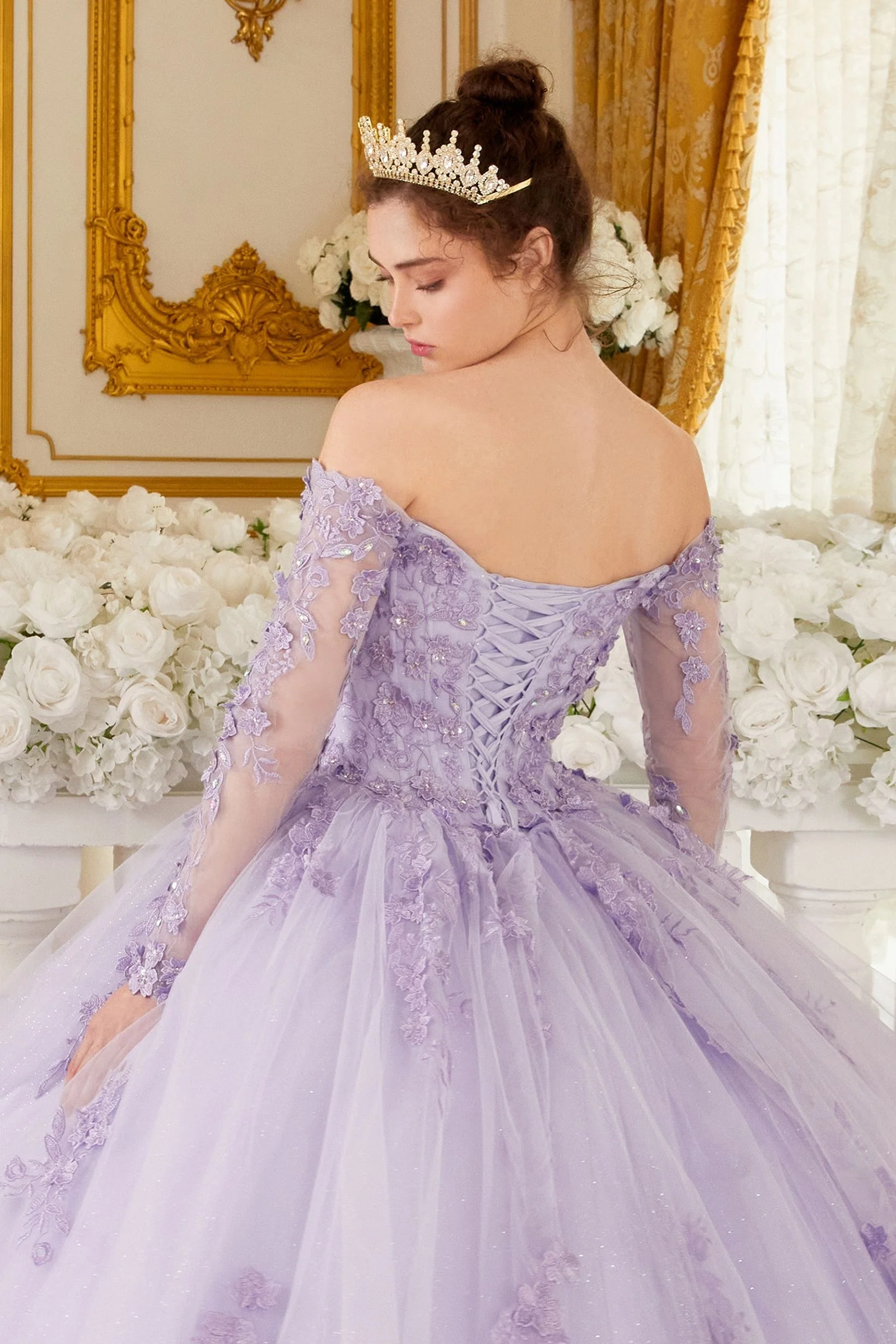 Ladivine 15706 Long Sleeve Lace Corset quinceanera Dress Train Ballgown off the Shoulder - Image 4