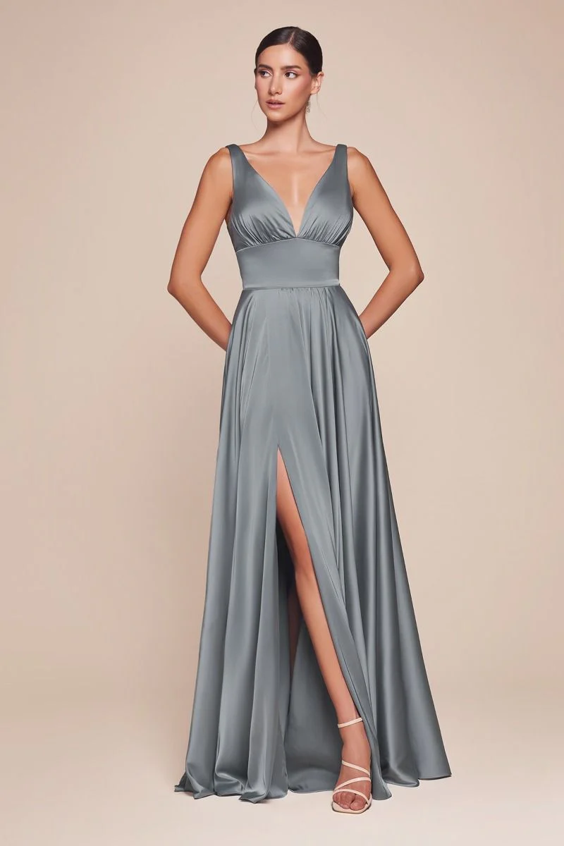 Ladivine 7469 Size 20,22 Royal Long Bridesmaids Dress Simple Slit Satin Formal V Neck A Line Evening Gown - Image 25