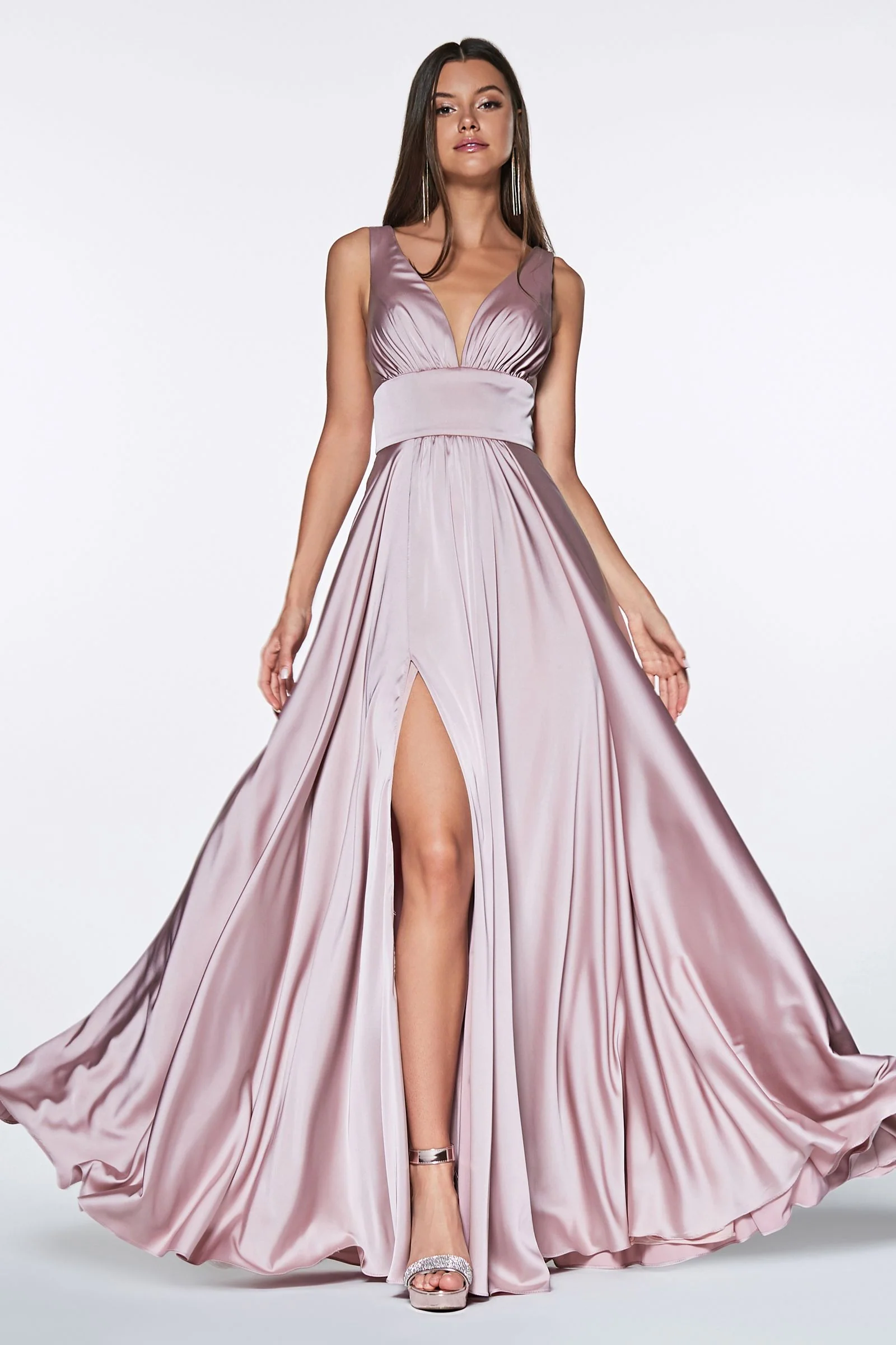 Ladivine 7469 Size 20,22 Royal Long Bridesmaids Dress Simple Slit Satin Formal V Neck A Line Evening Gown - Image 5