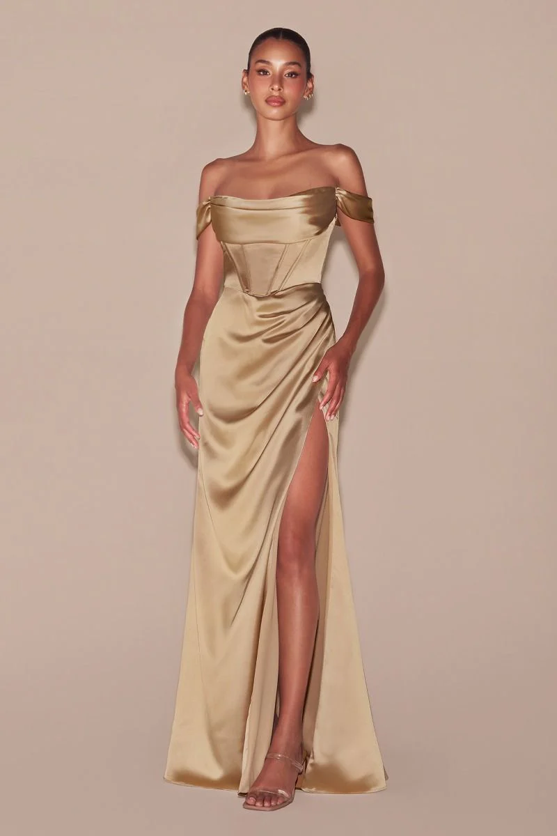 Ladivine 7492C Bridesmaids Dress Plus Sized Corset Prom Dress Satin Off the Shoulder Maxi Slit - Image 25