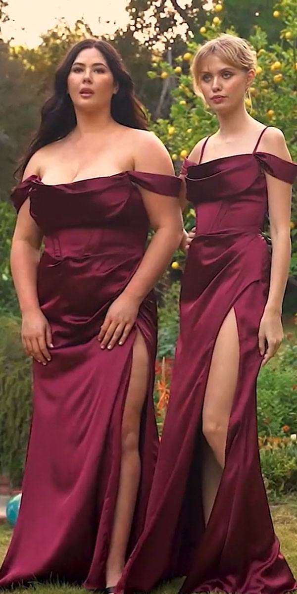 Ladivine 7492C Bridesmaids Dress Plus Sized Corset Prom Dress Satin Off the Shoulder Maxi Slit - Image 6