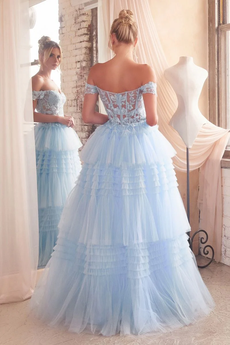 Ladivine 9315 Long Layered Tulle Ballgown Sheer Lace Corset Prom Dress off the shoulder - Image 4