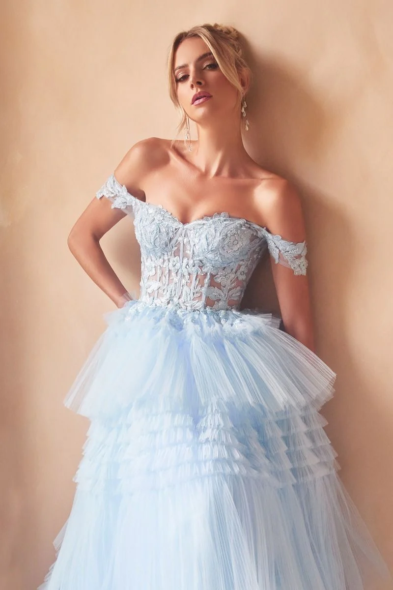 Ladivine 9315 Size 10 Light Blue Long Layered Tulle Ballgown Sheer Lace Corset Prom Dress off the shoulder - Image 2