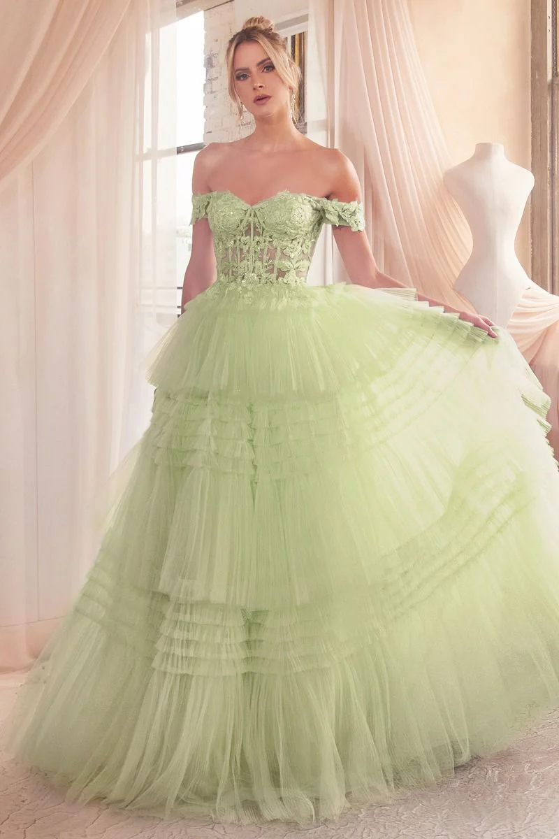 Ladivine 9315 Size 10 Light Blue Long Layered Tulle Ballgown Sheer Lace Corset Prom Dress off the shoulder - Image 4