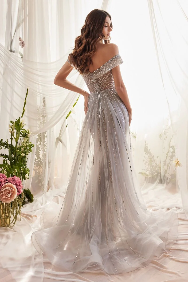 Ladivine A1182 Silver Beaded Evening Dress Overskirt Off the Shoulder Mother of the Bride - Image 2