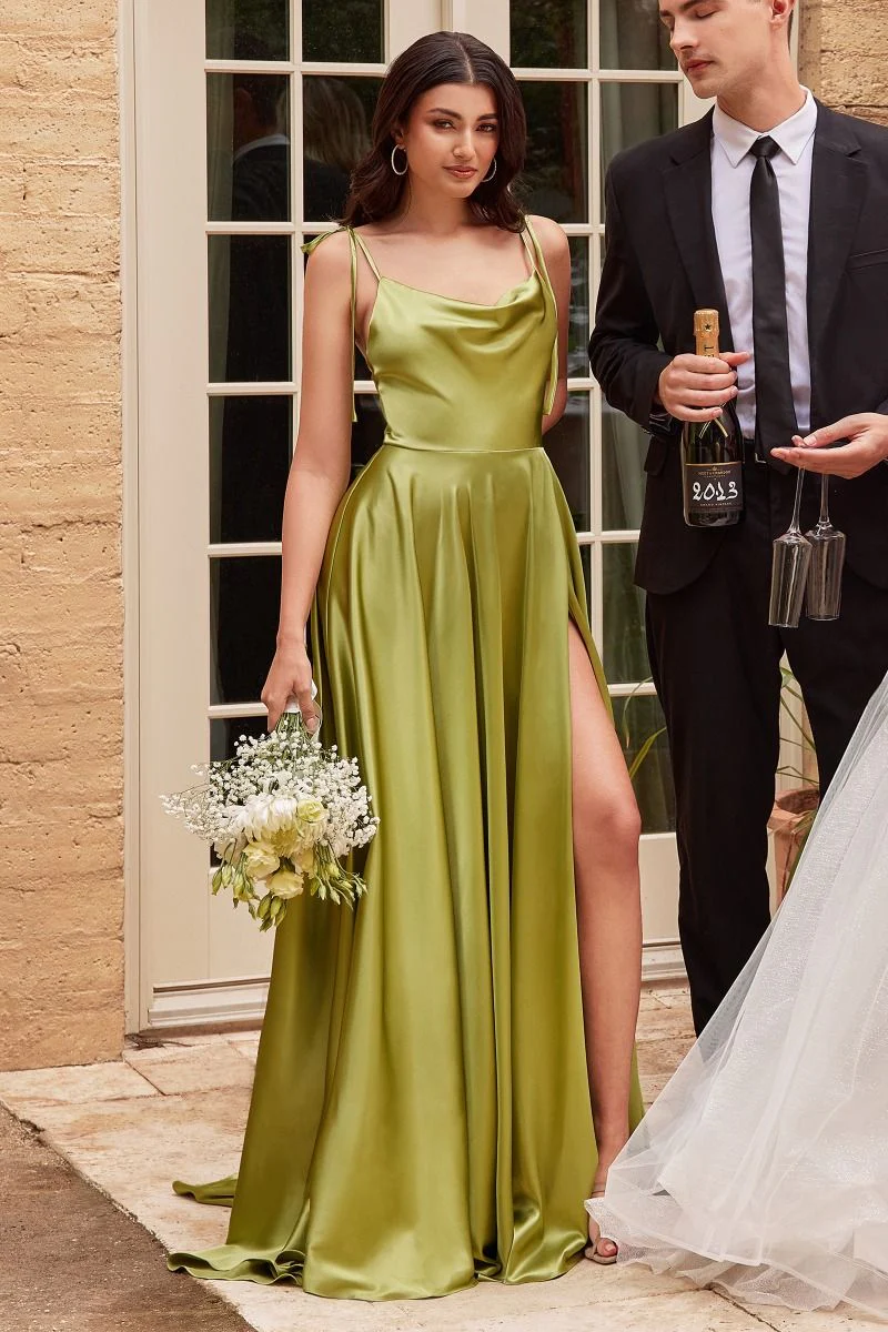 Ladivine BD104 Bridesmaid dress satin A line scoop neckline slit Formal Gown - Image 28