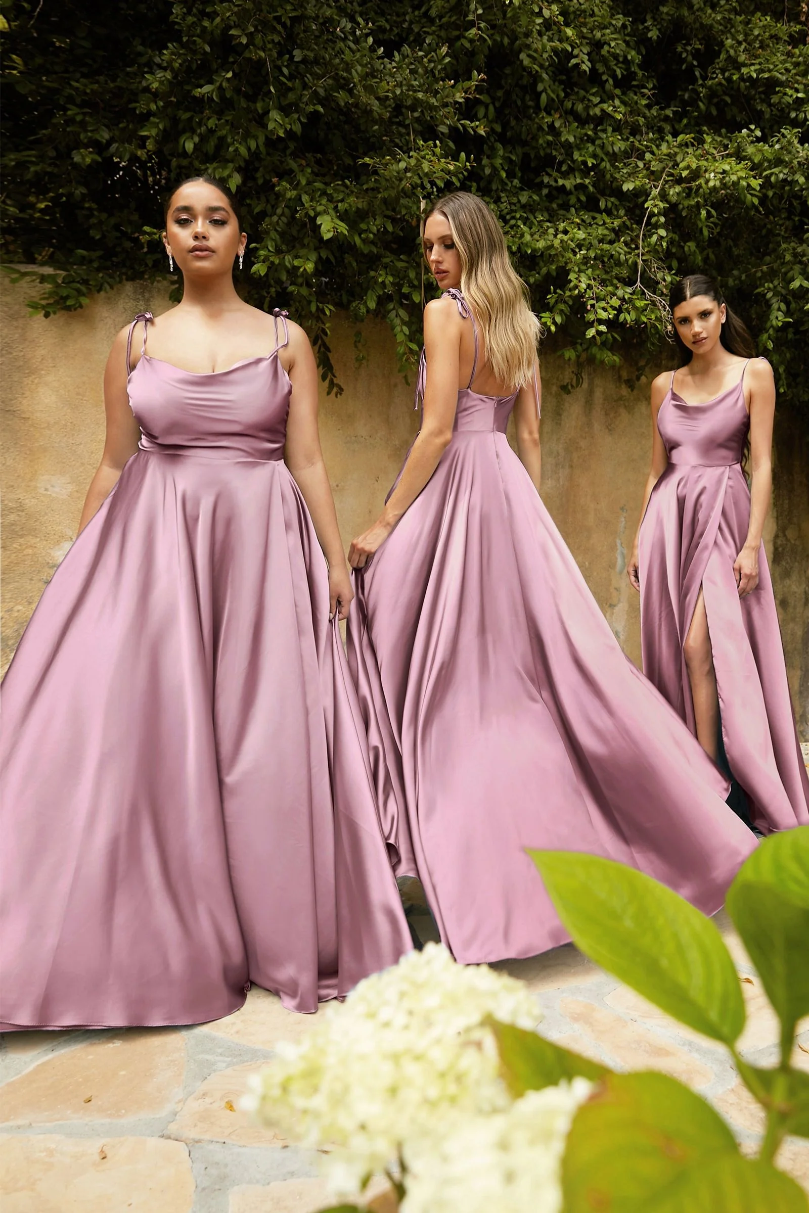Ladivine BD104 Satin Bridesmaids Dress A Line Maxi Slit Cowl Neck - Image 6