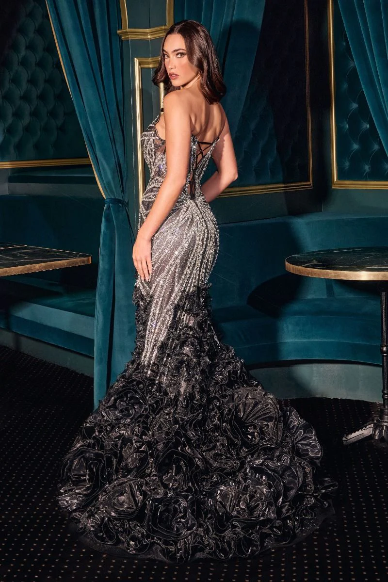 Ladivine CC2488 Sheer Crystal Mermaid Prom Dress Ruffle Skirt Slit Corset Evening Pageant Gown - Image 4