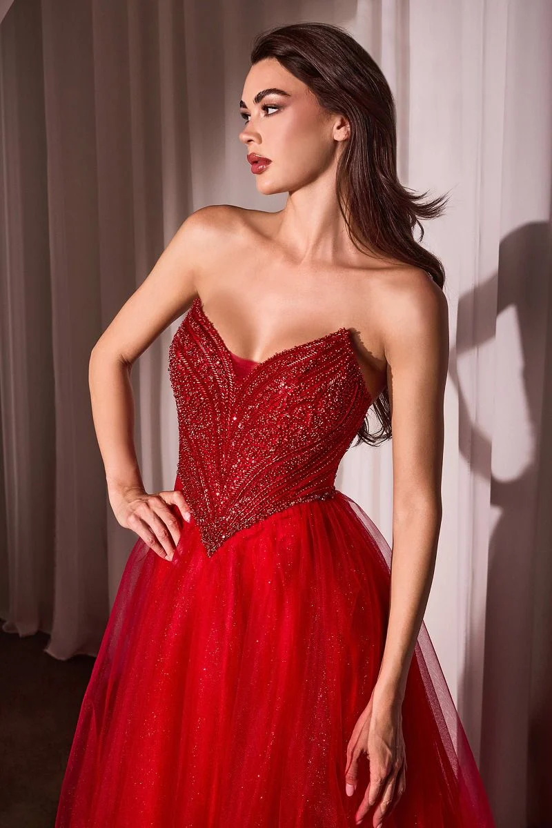 Ladivine CC415 Size 12 Red Sheer Beaded V Neck Corset Prom Dress A Line Shimmer Ballgown Formal Gown - Image 2