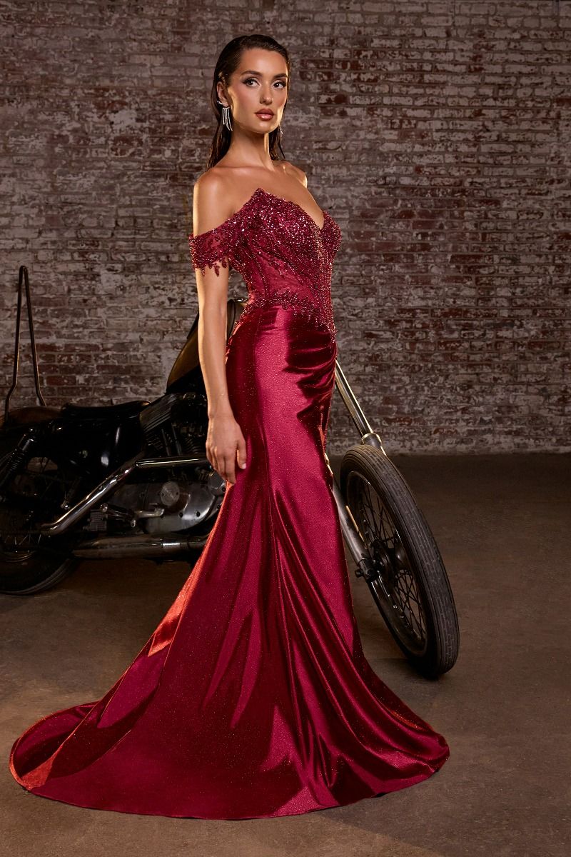 Ladivine CC456 Off-the-Shoulder Beaded Lace Corset Prom Dress - Image 9