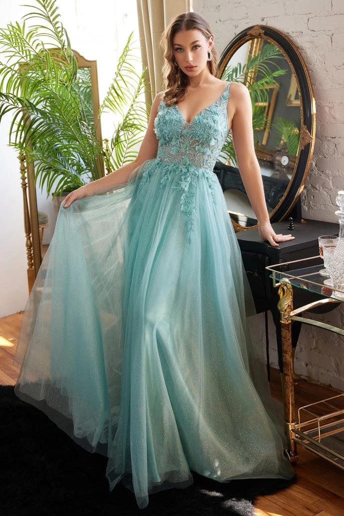 Ladivine CD 0181 Size M Jade Long A Line Sheer Shimmer 3D Floral Lace Prom Dress V Neck Formal Gown