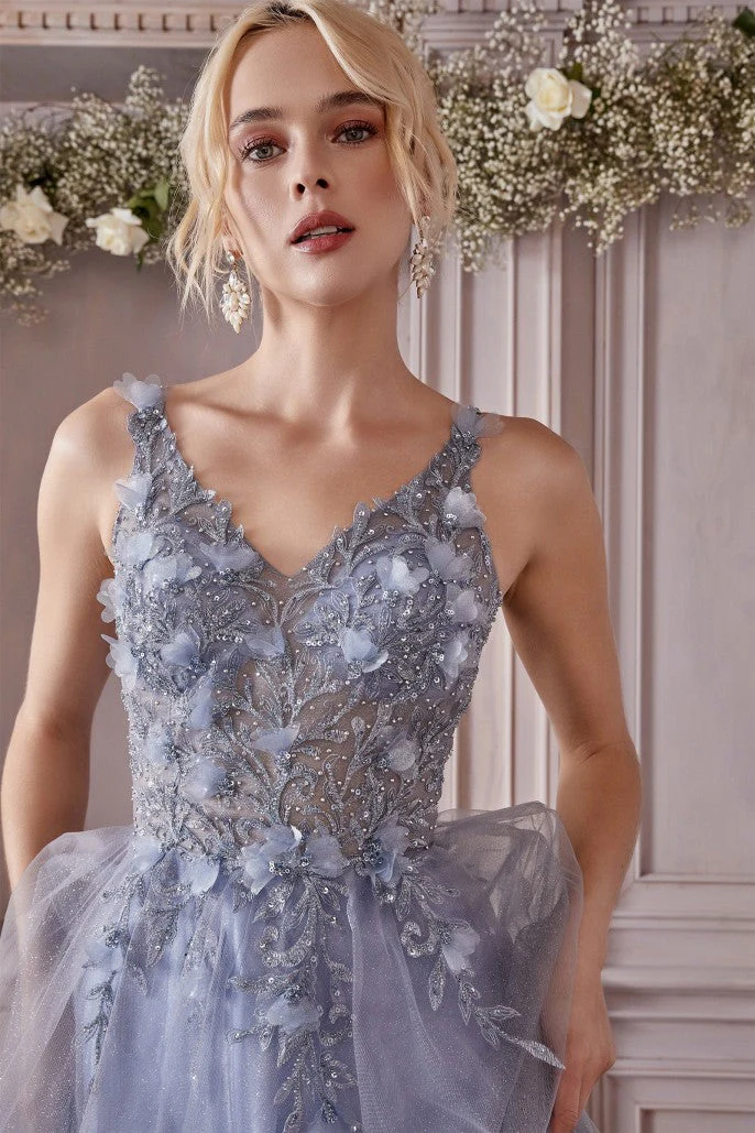 Ladivine CD 0181 Size M Jade Long A Line Sheer Shimmer 3D Floral Lace Prom Dress V Neck Formal Gown - Image 3