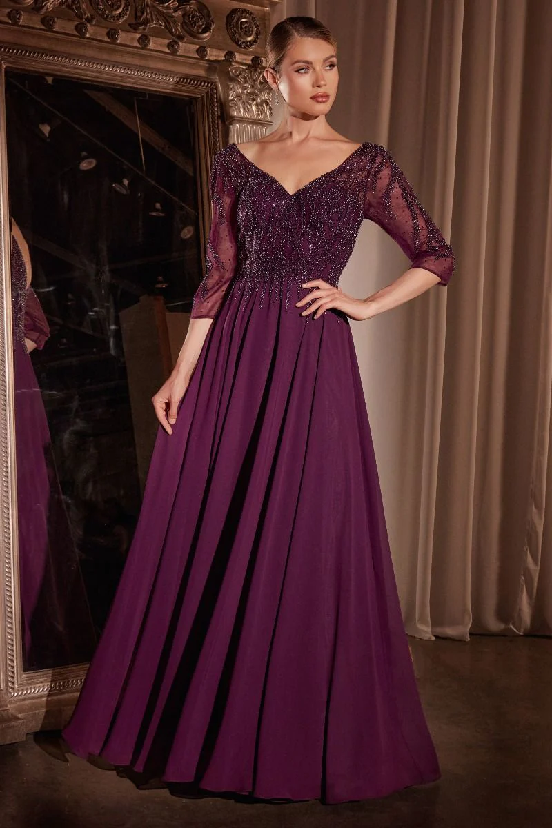 Ladivine CD0171 Long Chiffon A Line Mother Of Bride Evening Dress Sheer Sleeve Beaded V Neck Gown - Image 3