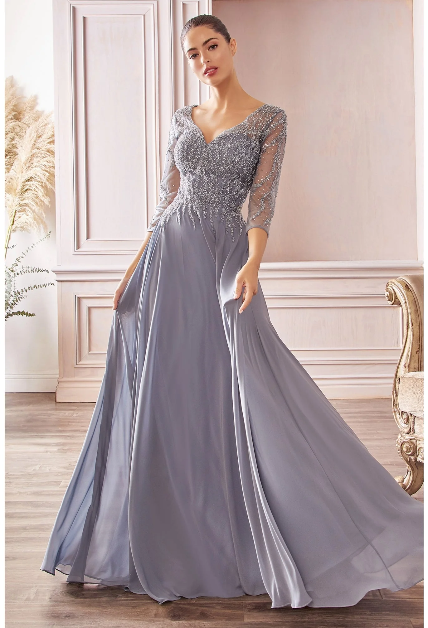 Ladivine CD0171 Long Chiffon A Line Mother Of Bride Evening Dress Sheer Sleeve Beaded V Neck Gown - Image 4
