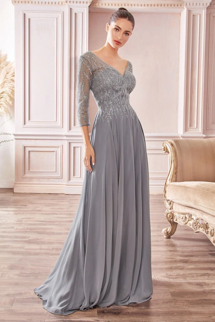 Ladivine CD0171 Long Chiffon A Line Mother Of Bride Evening Dress Sheer Sleeve Beaded V Neck Gown - Image 5