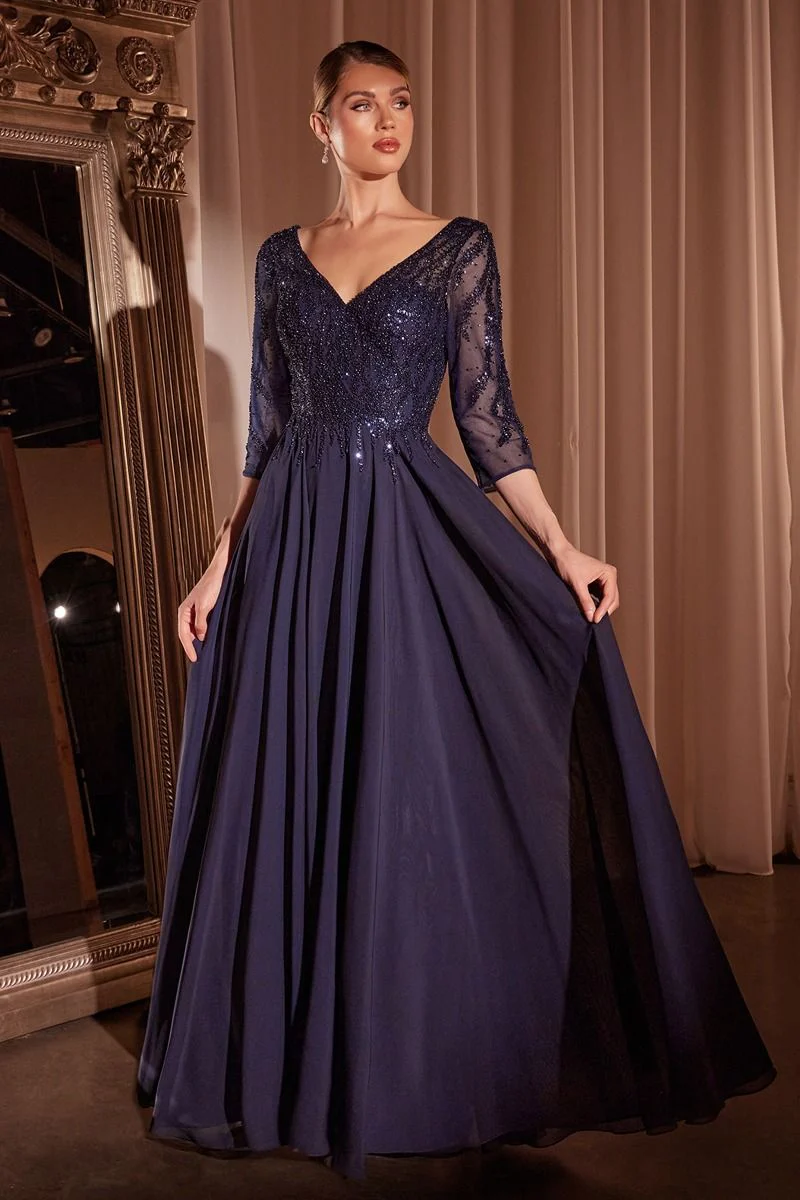 Ladivine CD0171 Long Chiffon A Line Mother Of Bride Evening Dress Sheer Sleeve Beaded V Neck Gown - Image 6