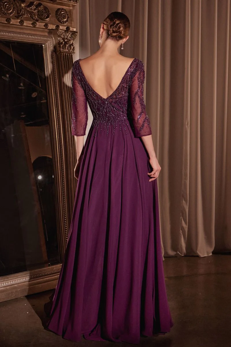 Ladivine CD0171 Long Chiffon A Line Mother Of Bride Evening Dress Sheer Sleeve Beaded V Neck Gown - Image 7