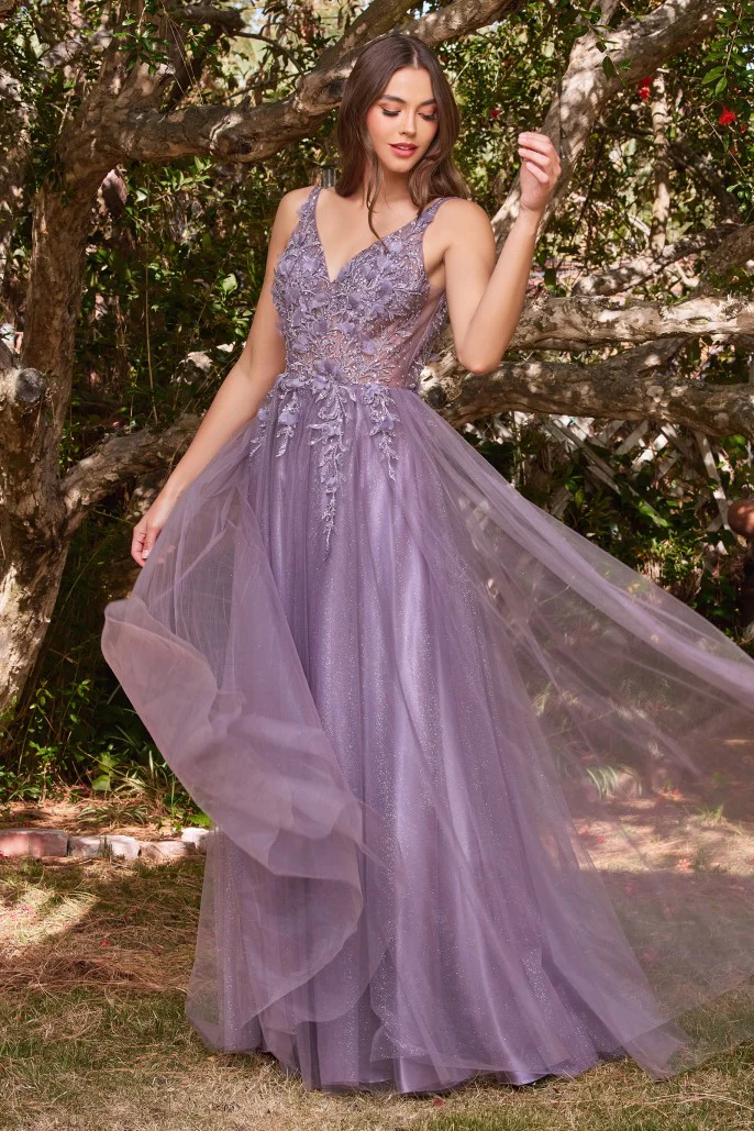 Ladivine CD0181  Size 6 Jade A Line Floral Prom Dress V Neck Formal Gown - Image 2
